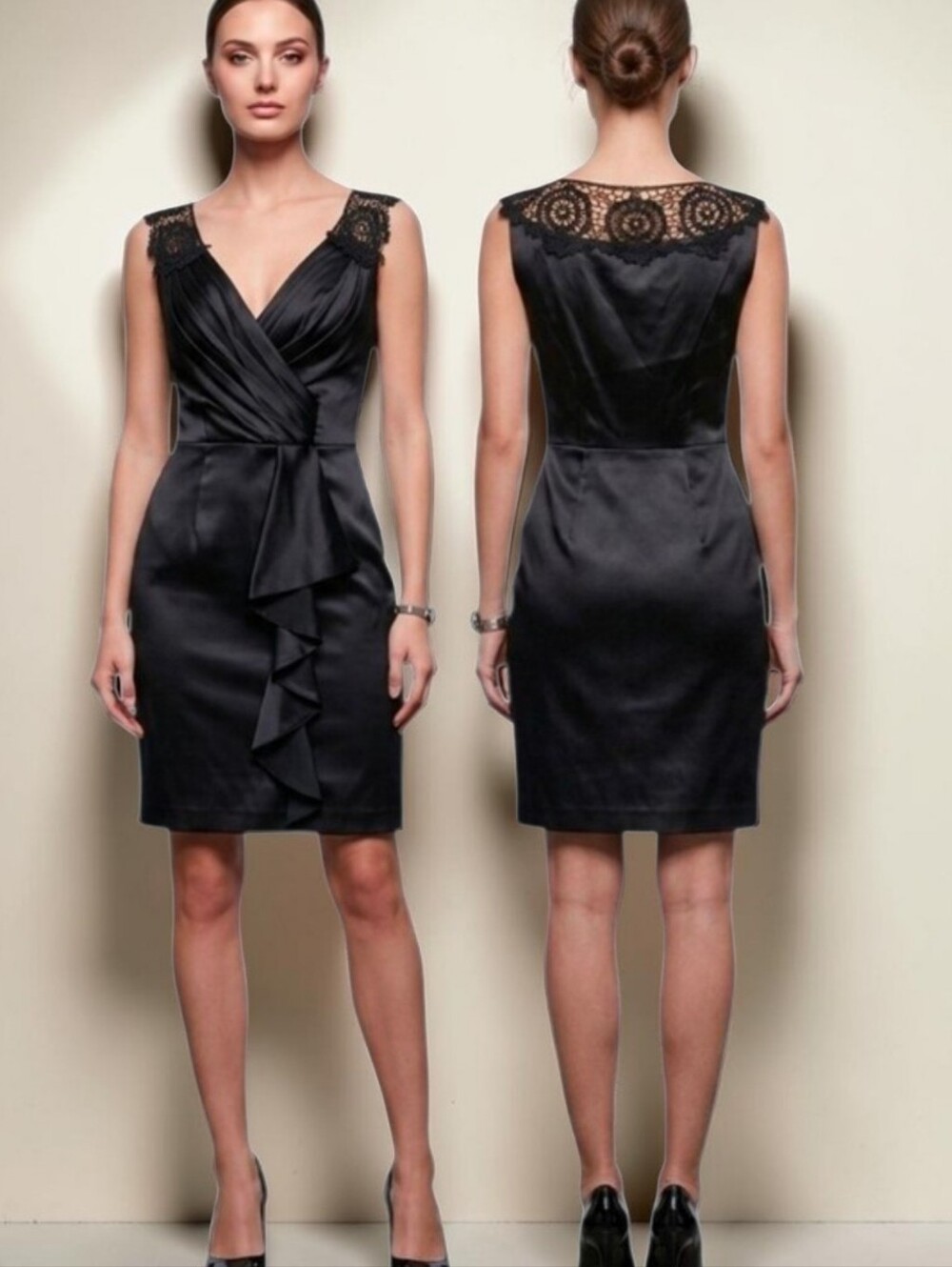 CENIA Black Satin and Lace Sheath Cocktail Dress - Size 8